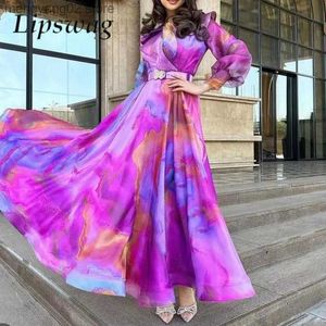 Basic Casual Dresses Spring Autumn Fashion Mesh Colorful Print Party Dress Women Elegant Long Sleeve Loose Hem Maxi Dress Commuting Lady Long Dresses T231026