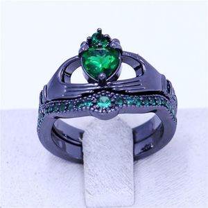 Neuer Claddagh-Ring, Geburtsstein-Schmuck, Ehering-Set für Frauen, grüner 5A-Zirkon-Cz-Schwarzgold gefüllt, weiblicher Party-Ring304a