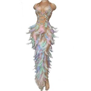 Sıradan Elbiseler Moda İncileri Rhinestone Çıplak Partisi Akşam Bodycon Elbise Kadın Şarkıcı Kişelsiz Tüy Kulübü Balo Doğum Günü Long2177