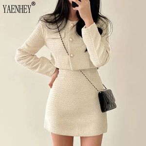 Two Piece Dress Elegant Tweed Jackets for Women Suits Autumn Winter Korean Fashion Y2k Long Sleeve Buttons Crop Coats Skirt Suit Sets 231026