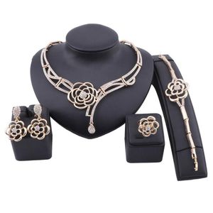 Fashion Dubai Gold Color Jewelry Flower Crystal Necklace Bracelet Ring Earring Women Italian Bridal Accessories Jewelry Set307O