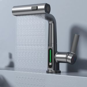 Rubinetti della cucina Cascata Temperatura Display digitale Rubinetto del lavabo Sollevare Giù Spruzzatore Acqua fredda Lavello Miscelatore Rubinetto per il bagno 231026