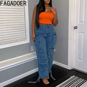 Calças femininas capris fagadoer azul casual bolso denim calças de carga mulheres cintura alta botão perna larga jeans y2k moda feminina streetwear roupas 231025