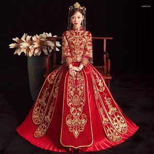 Abbigliamento etnico Stile cinese Sposa tradizionale Ricamo rosso Cheongsam Abito da sposa Festa orientale della fenice QiPao