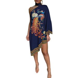 Casual Dresses Plus Size Dress Apparel Women Fashion Choker Peacock Print One Shoulder Irregular Ruffled Hem 2021 Summer Vestidos2755
