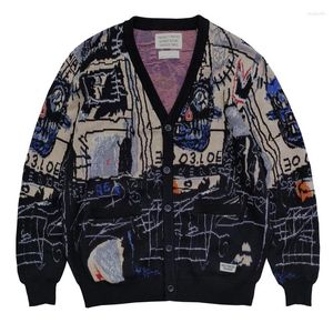 Suéteres masculinos streetwear wacko maria camisola de malha homens mulheres 1:1 botão de bolso graffiti jacquard casual oversized preto v-pescoço cardigan