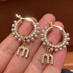 M Letter Rice Full of Rings Round Detachable Female Pearl with Diamond Earrings Zircon Inlaid