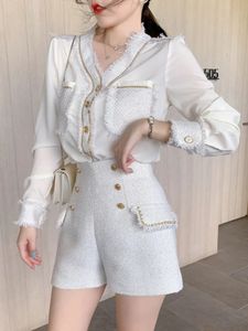 Zweiteiliges Kleid, koreanische Mode, Streetwear, Tweed, 2-teiliges Set, Damen, Langarm-Shirt, Bluse, Tops, Shorts, Sets, Vintage, zweiteilige Hosenanzüge 231026