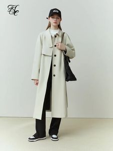 Kvinnors dike rockar FSLE Simple White Temperament Extended Spring Women Trench Coats Single Breasted Jackets Belt Design Women Trench 231025