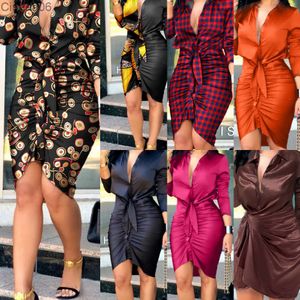 Partihandel 2023 Summer Womens Dress V-hals Lace Up Solid Long Sleeve Medium Length Shirt Dresses For Woman Robe Sexy Outfits