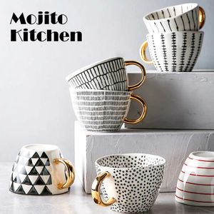 Mugs Hand Painted Geometric Ceramic With Gold Handle Handmade Irregular Cups For Coffee Tea Milk Oatmeal Creative Birthday Gifts 231026