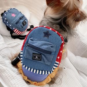 Abbigliamento per cani Case per gatti Star Stripe Denim Blue Pet Puppy Zaino Imbracatura da passeggio con guinzaglio Set Cane Piccolo animale Gatto Yorkshire Borse da viaggio 231025