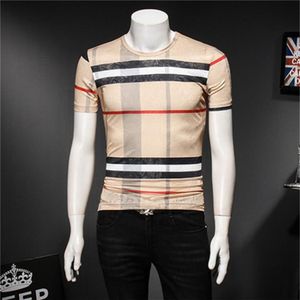 Summer 2023 men's tops plaid short-sleeved t-shirts ice silk printing trendy fashion youth handsome round neck casual bottomi294S