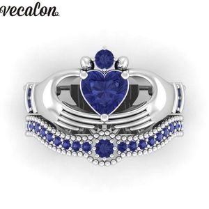 Vecalon Lovers Blue Birthstone claddagh ring 5A Zircon Cz White gold filled Engagement wedding Band ring Set for women men Gift246f