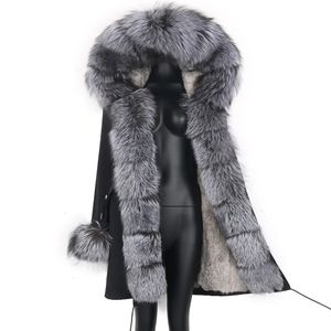 Pele feminina falso inverno real coelho casaco feminino longo jaqueta impermeável parkas rex forro removível gola de guaxinim com capuz outwear 231026