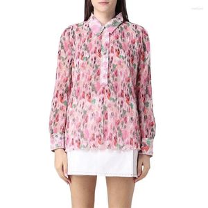 Camicette da donna Primavera Estate Moda Camicia a fiori pieghettata con bottoni Camicetta vintage Top rosa chiaro stampato da ufficio