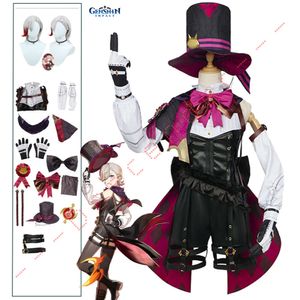 Cosplay Genshin Impact Costume Parrucca Fontaine Lyney Uniforme in pelle Cappello Abito Gonna per capelli corti Guanto Completo Coda Mago