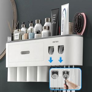 Toothbrush Holders Magnetic Toothbrush Holder Wall Storage Rack Cups With 2 Toothpaste Dispenser For Home Organizer Bathroom Accessories Set 231025