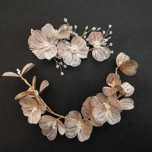 Slbridal Handmade Barock Copper Flower Pearls Wedding Hair Accessories Bridal Headband Hair Clip Barrettes Set Women Jewelry J011212B