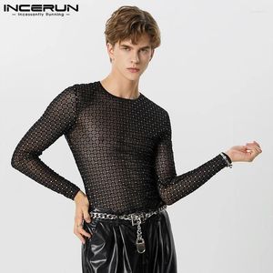 Herr t shirts 2023 män skjorta glänsande mesh transparent o-hals långärmad kläder streetwear sexig mager fest mode camisetas incerun