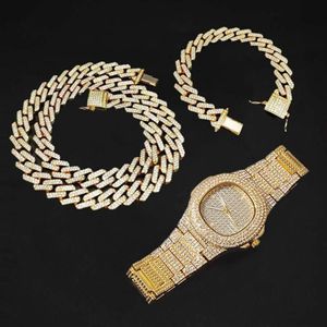 Halsband Watch Armband Bling Iced Out Miami Zircon Cuban Link Chain Prong Pave Rheinestone Jewelry for Mens Women Set Earrings 198l