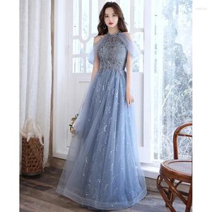 Ethnic Clothing Blue Applique Stage Performance Host Dress Women Sexy Mesh Cheongsam Vestidso Sleeveless Summer V-Neck Qipao Maxi Gown