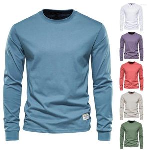 Men's T Shirts Men Tops Solid Color Cotton Pullover Anti-pilling Crew Neck Elastic Cuff Long Sleeve Base T-shirt Daily Clothes