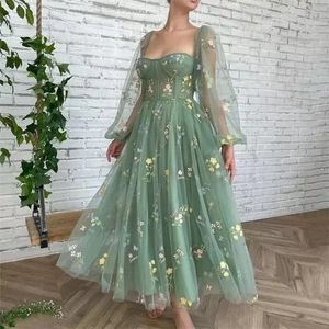 Women Puffy Sleeve Tulle Fairy Floral Lady Dress Chic Tea Length Summer Bridesmaid Dress Flower Lace Formal Evening Prom Gowns