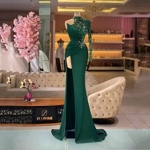 Green Mermaid Evening Prom Dresses Women One Shoulder Long Sleeve High Neck Formal Occasion Side Split Long Floor Length Skirt Dress