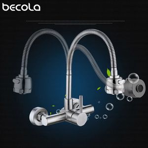 Kitchen Faucets Stainless Steel Wall Mounted Faucet Mixers Sink Tap 360 Degree Swivel Flexible Hose Double Holes 231026