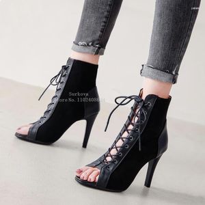 Sandaler Kvinnor Brand Party Boots 2023 Peep Toe Sexiga stilettos High Heels Footwear Women Latin Dance Lace Up Shoes Ballroom