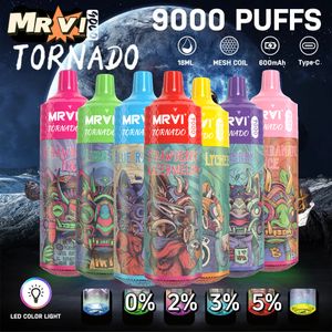 Original MRVI Tornado 9000 Puffs E Cigarros Descartáveis Vape 18ml Bobina de Malha 600mAh Bateria 0% 2% 3% 5% Cigarros Eletrônicos Recarregáveis Sem Vazamento 9k Puff Vapor Enorme