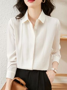 Women's Blouses Fashion Elegant Office Lady Blouse Women Chic Folds White Shirt Lapel Long Sleeve Korean Style Formal Female Basic Tops