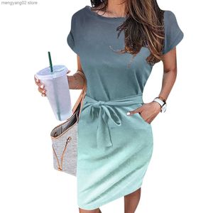 Basic Casual Dresses Fashion Gradient Mini Dress Casual Short Sleeve T Shirt Dress With Sashes Harajuku Pockets Short Dress Women Summer Sundress T231026