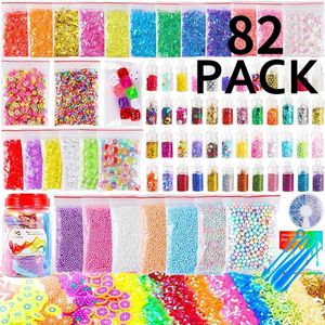 Clay Dough Modeling 82st DIY för slem Making Kit Colorful Foam Ball Granules Flat Beads Gold Powder Candy Paper Polymer Clay Set Toy for Kids Gift 231026