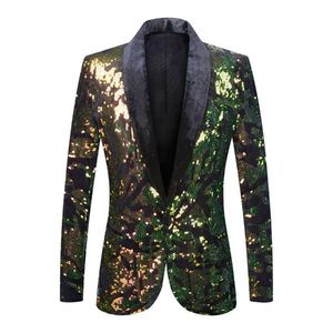 Herrdräkter blazers sammet krage paljetter kostym jacka smal gyllene gröna blazer formella kläder värd sångare bar dj nattklubb 285y