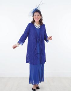 Annenin Elbiseleri Kraliyet Mavi Gelinin Annesi Artı Boyutu Özel Fermuarı Yeni Formal Ceketle İki Parça İki Parçalı Şifon O yaka Uzun Kollu Dantel Ayak Bileği Uzunluğu