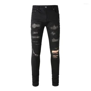 Jeans da uomo nero sottile diamante streetwear danno foro skinny stretch strass distrutti patchwork denim strappato cristallo