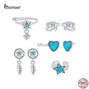 Stud BAMOER 925 Sterling Silver Simple Turquoise Piercing Ear Dream Catcher Hollow Evil Eye Star Heart Earring Clip Jewelry Gift YQ231026