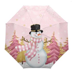 Guarda-chuvas Natal inverno boneco de neve rosa guarda-chuva automático viagem dobrável guarda-sol portátil à prova de vento