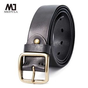 Bälten Medyla Mens Högkvalitativa äkta läderbältet Luxury Designer Men Copper Buckle Strap Mane Jeans For Man Cowboy MD21403 YQ231026