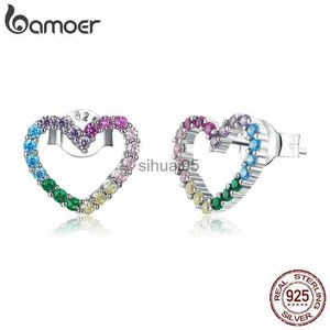 Stud BAMOER Pink Heart Earrings for Women 925 Sterling Silver Bling Zircon Stone Rainbow Amour Ear Studs Jewelry Birthday Gifts YQ231026