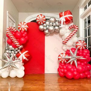 Christmas Decorations White Red Balloon Garland Kit Candycane Gift Foil Balloons Xmas Party Decor 231026