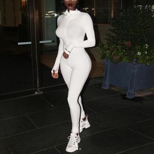 White Sexy Bodycon Jumpsuit Romper Black Long Sleeve Bodysuit Women Zipper Turtleneck Jumpsuits Elegant Full Length Polyester230Y