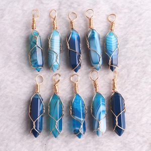 Pendant Necklaces 50pcs/lot High Quality Natural Stone Blue Lace Agates Necklace Wire Wrap Hexagonal Column Factory Bulk Wholesale