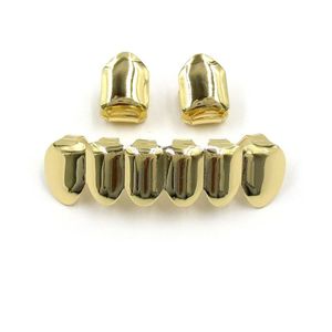 Hip Hop Gold Plated Mouth Grillz Set 2pcs Single Top & 6 Teeth Bottom Grill Set Whole236r