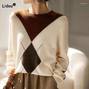 Kvinnors tröjor Fashion Elegant Contrast Color Shisched Clothing Autumn Winter Korean Casual Long Sleeve Sticked Tops for Female