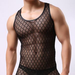 Men's Tank Tops Wholesale- Men's Sexy Black Plaid Fishnet Gay Bar Performance Shirt Fitness Mesh Transparent Undershirts Vest Size XXL