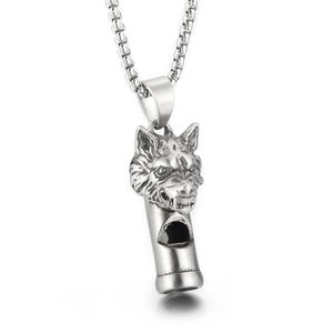 Gothic Wolf Head Whistle Necklace Pendant Casting rostfritt stål Rolo -kedja smycken för män pojkar coola gåvor silver polerad blin248u