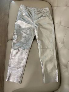 Women's Pants Y2k Style Genuine Leather Cargo Women High Waist 2023 Korean Fashion Streetwear Shinny Silver Trousers